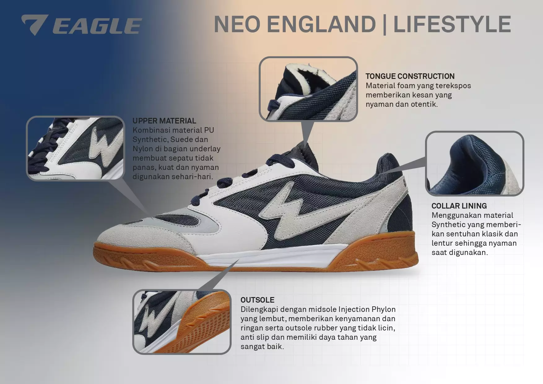 Eagle Sepatu Sneakers Lifestyle Neo England - ABU-ABU/GUM