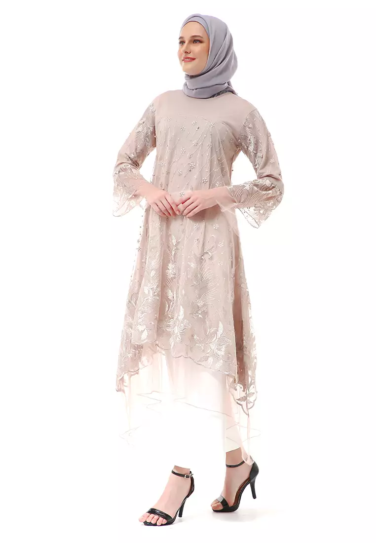Laika Dress Muslimah Brukat Long Sleeve High Quality Premium Wanita - Nude