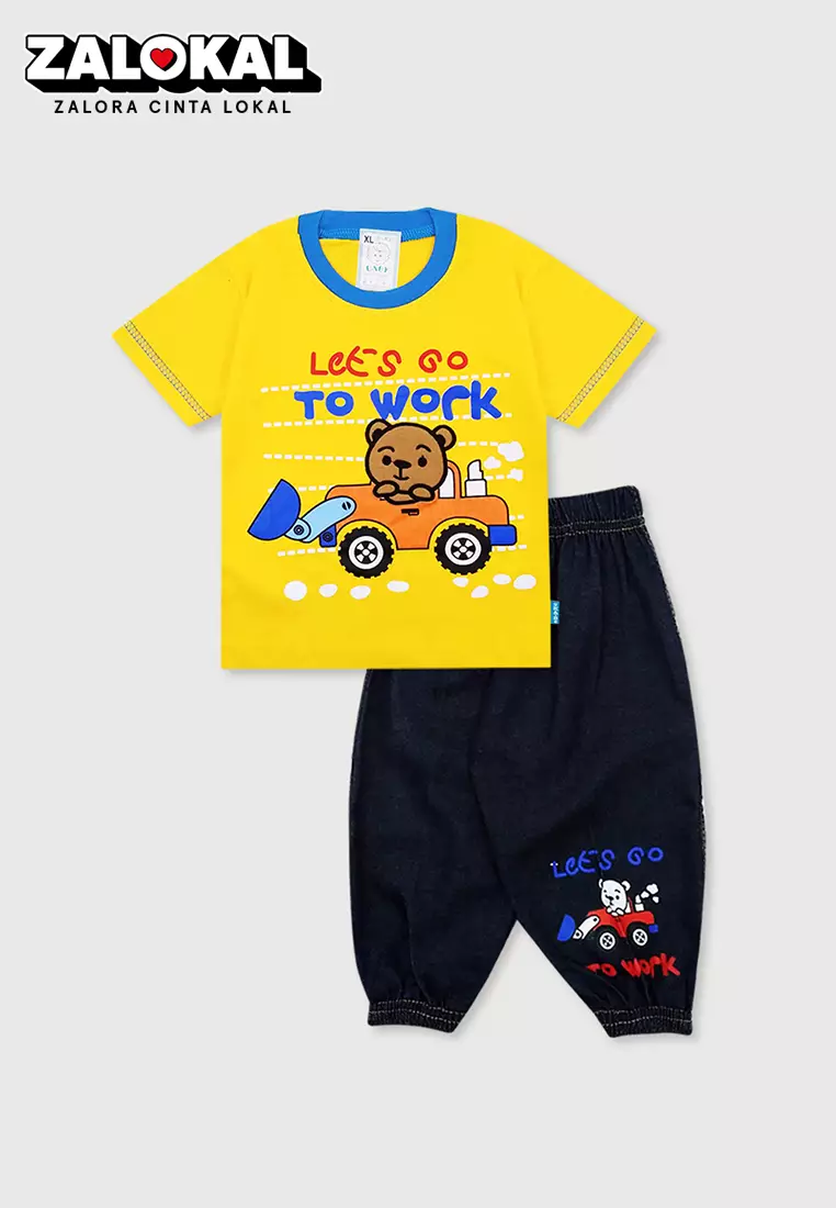 Wakakids Setelan Bayi Laki Laki Baju Lengan Pendek Anak Usia 12 Bulan Hingga 18 Bulan Set Celana Jeans Jogger Motif Bear 3456 Kuning