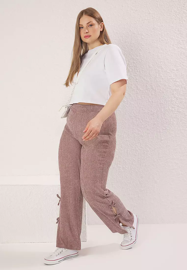 Tile Wide Leg High Waist Bow Detail Plus Size Trousers Tbbss25Ar00045