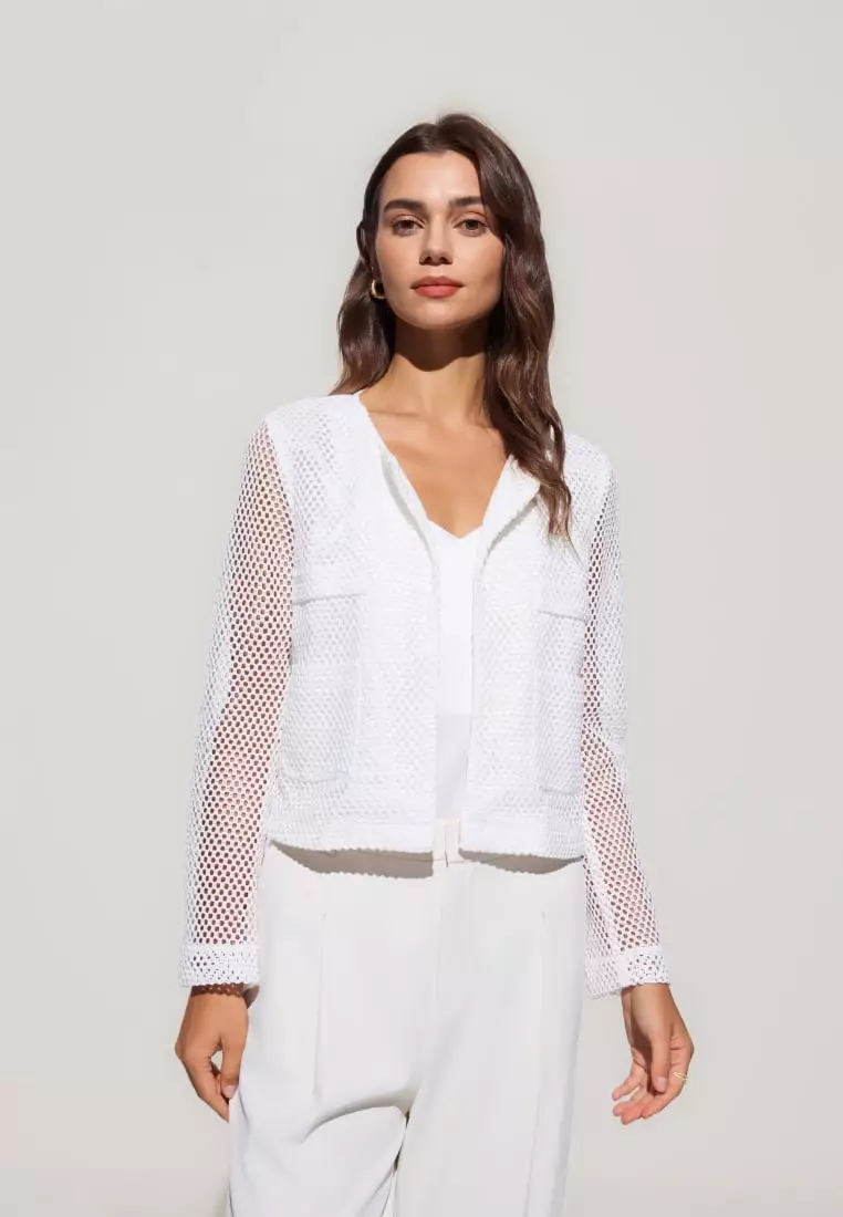 G2000 Crochet Lace Round Neck Open Front Jacket