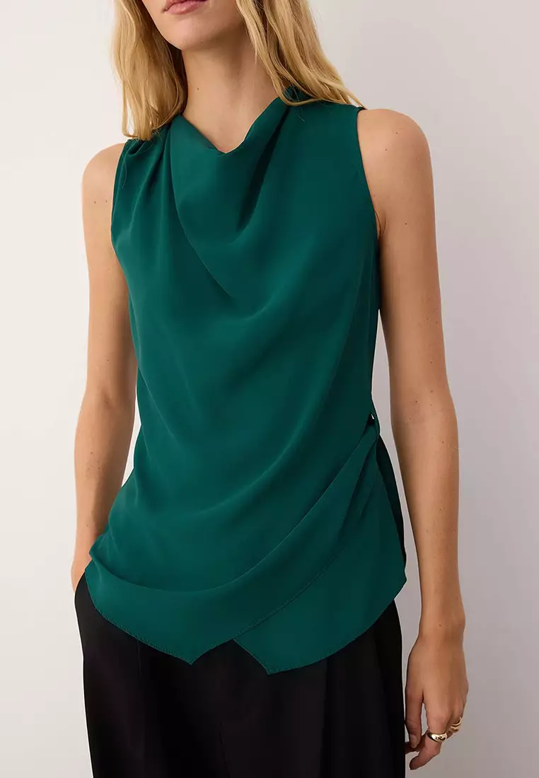 Emerald Green Sleeveless Satin Tie Detailed Woven Blouse