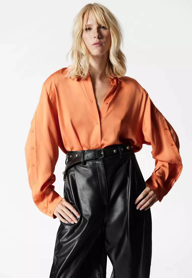 Satin Buttoned-Sleeve Shirt