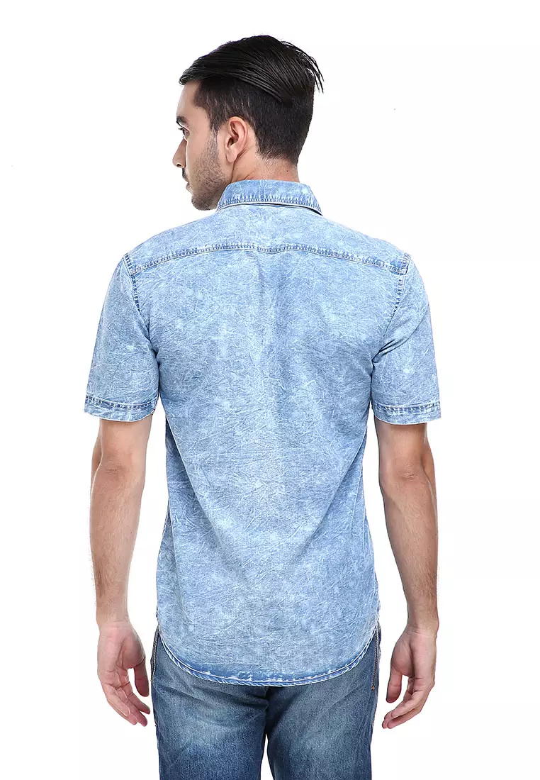 Dwan Shirt Kemeja Pria Jeans Lengan Pendek Kasual Formal Material Denim ORIGINAL - Blue