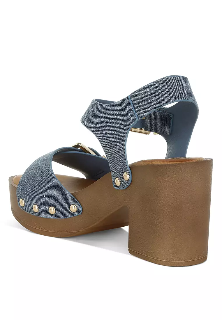 Studded Denim Clog Sandals In Denim