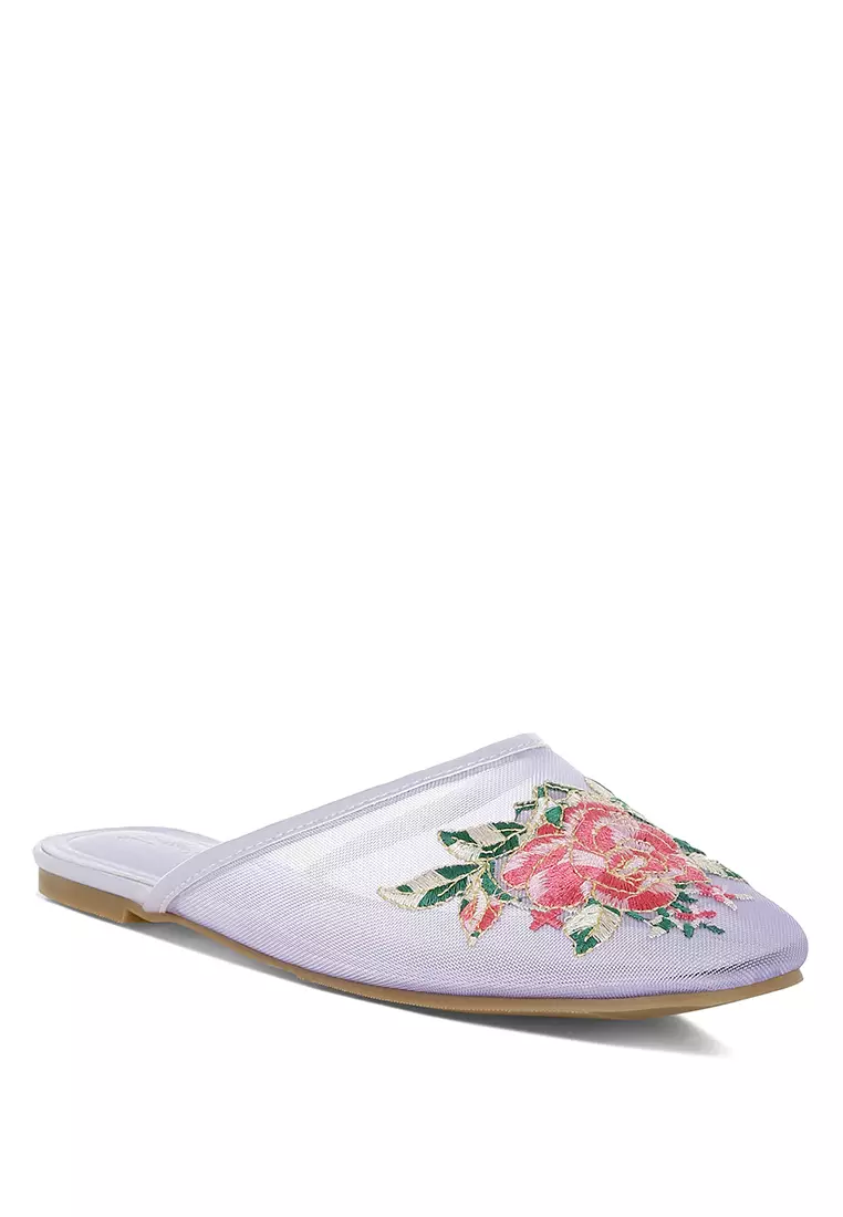 Floral Embroidered Mesh Mules in Lilac