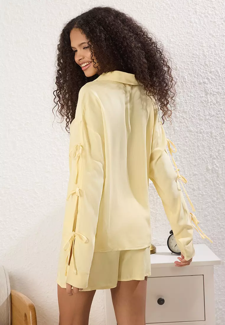 Yellow Bow/Tie Viscose Shorts Woven Pajama Set THMSS25PT00321