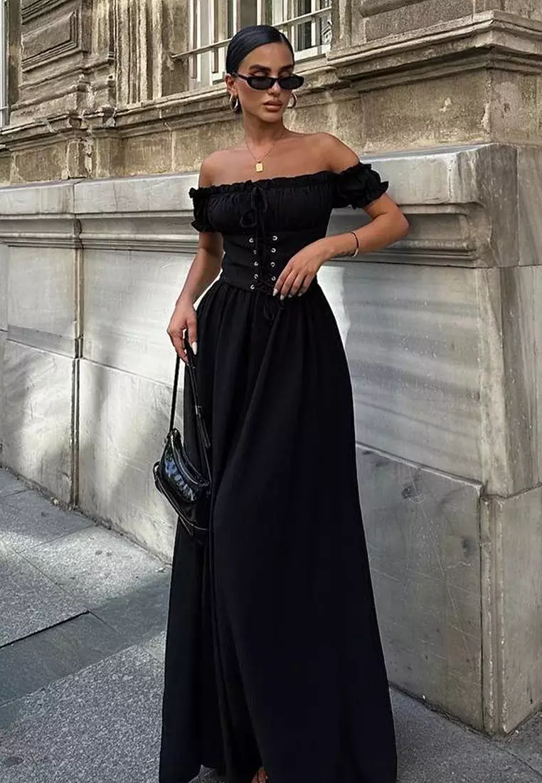 Black A-Line Carmen Neck Corset Look Elegant Evening Night Graduation Dress TPRSS25AE00133