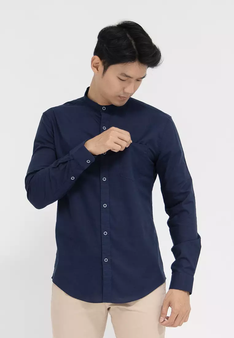 Kemeja Collarless Slub koko biru navy OXCON Navy blue