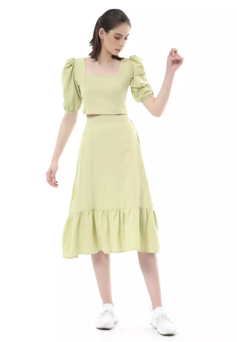 Nayra One Set Setelan Wanita Blouse Ruffle Lengan Pendek Midi Skirt Material Linen ORIGINAL - Green Olive