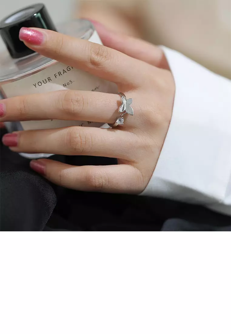 Simple Cute Butterfly Adjustable Open Ring with Cubic Zirconia