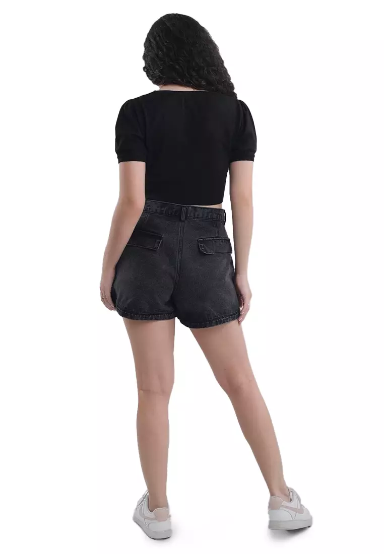 Knitted Button Down Top With Puff Sleeves