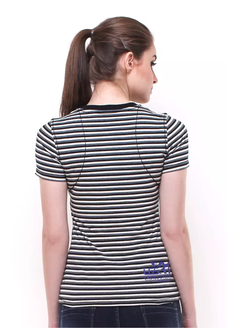 LGS Kaos Casual Wanita Slim Fit Putih Motif Garis Sablon Logo Size