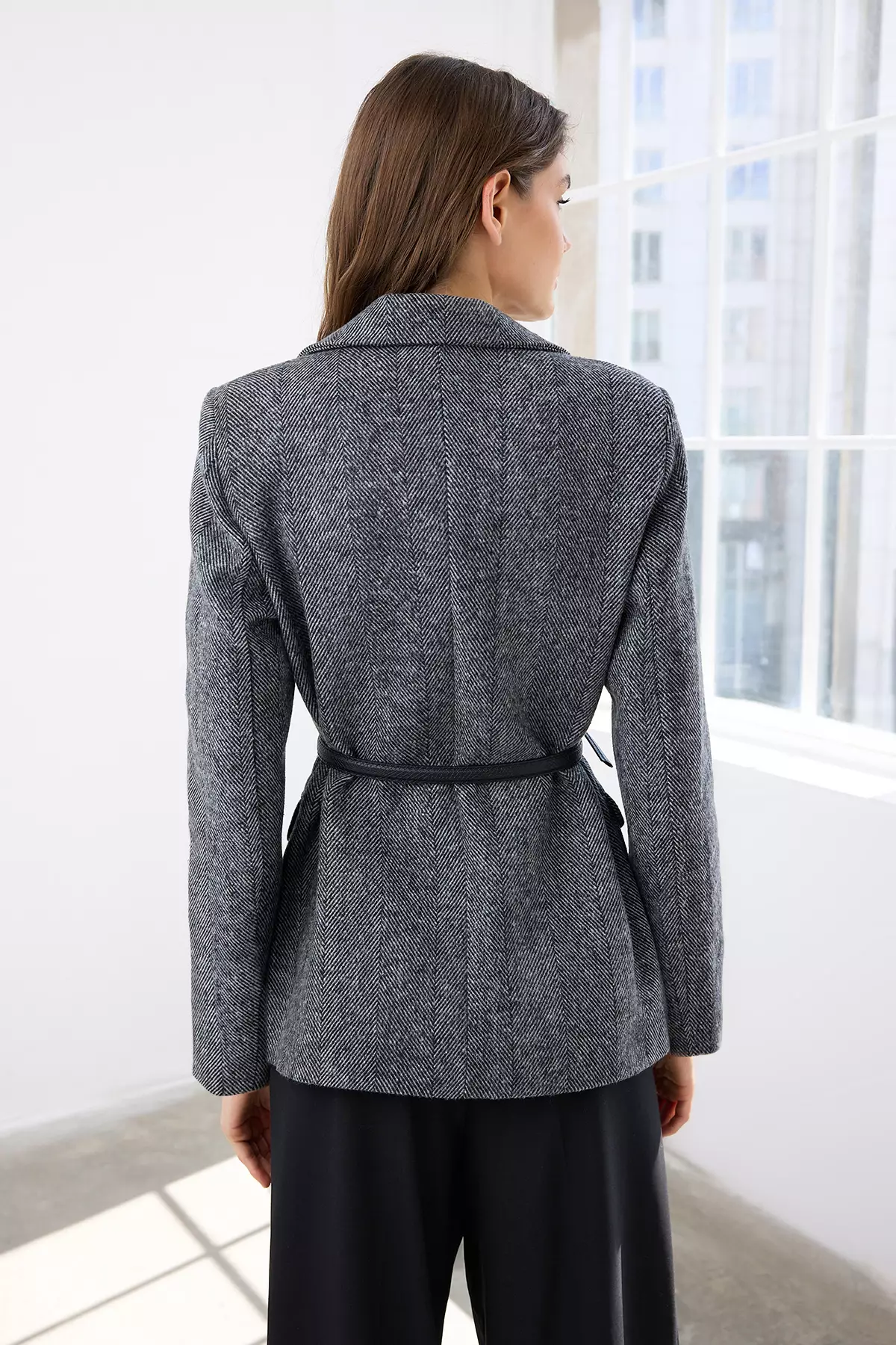 Anthracite Self-Belted Herringbone Woven Cashmere Blazer Jacket