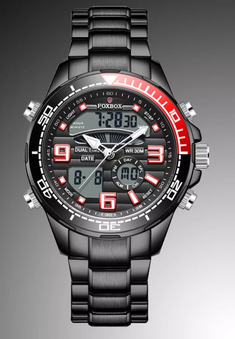 FOXBOX Unisex Stainless Steel Diver's Analogue/Digital Quartz Watch, Black Dial, Stainless Steel Bracelet, 30m Water Resistant