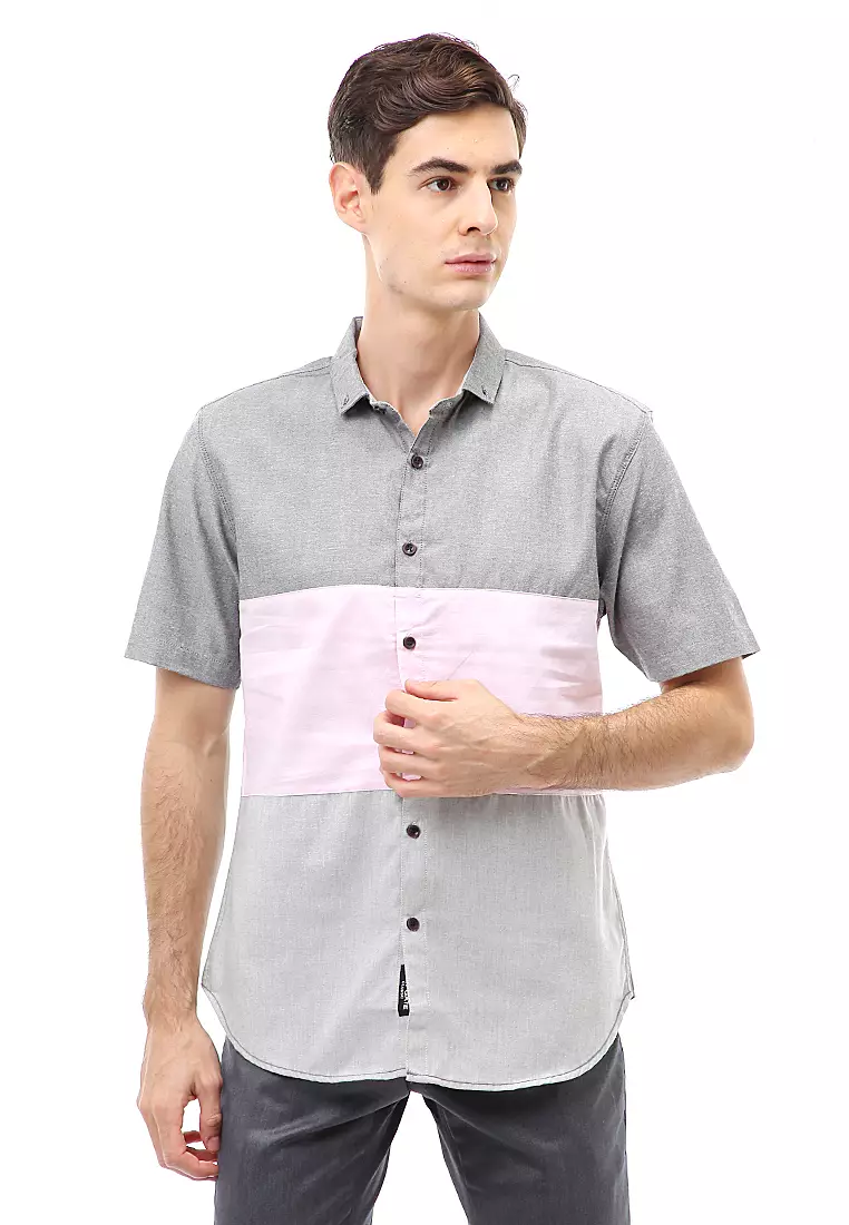 Dwan Atasan Kasual Kemeja Pria Lengan Pendek Combinasi 3 Warna Material Cotton ORIGINAL - Gray White