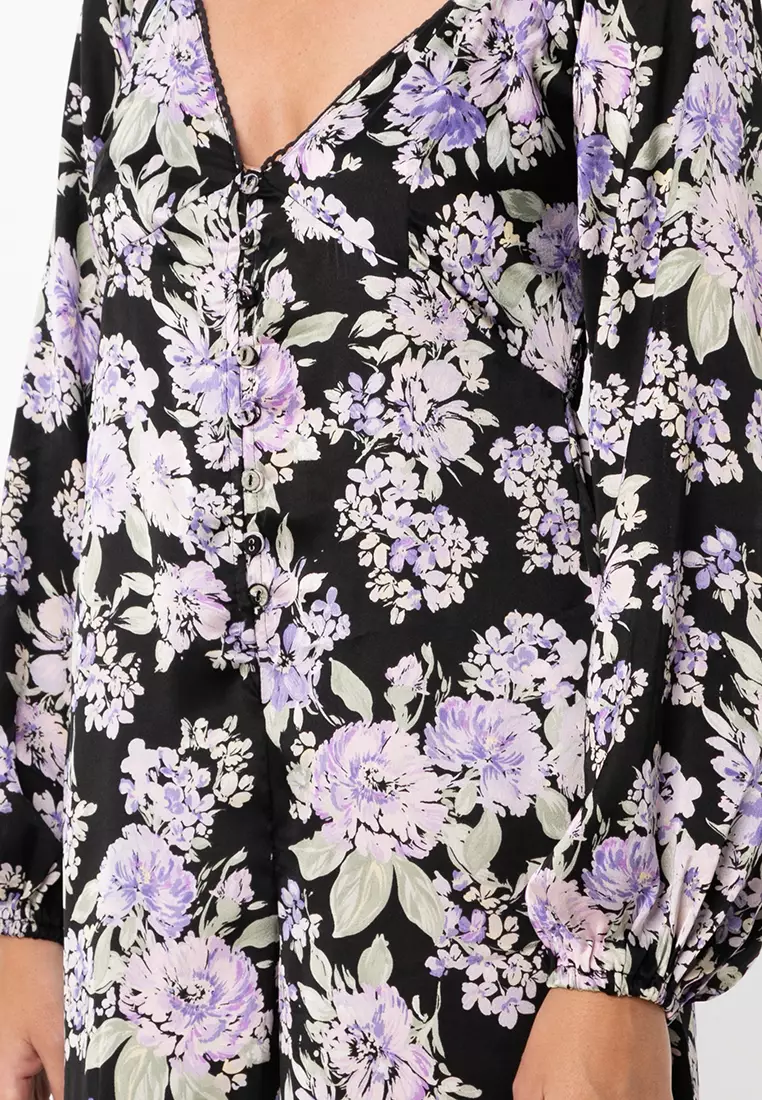 Button Front Tea Jumpsuit With Lace Insert