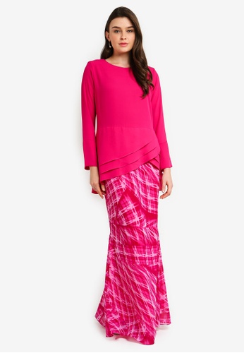 Midi Kurung Chiffon Peplum Kebaya Pleated w Layered Ruffle from Zuco Fashion in Pink