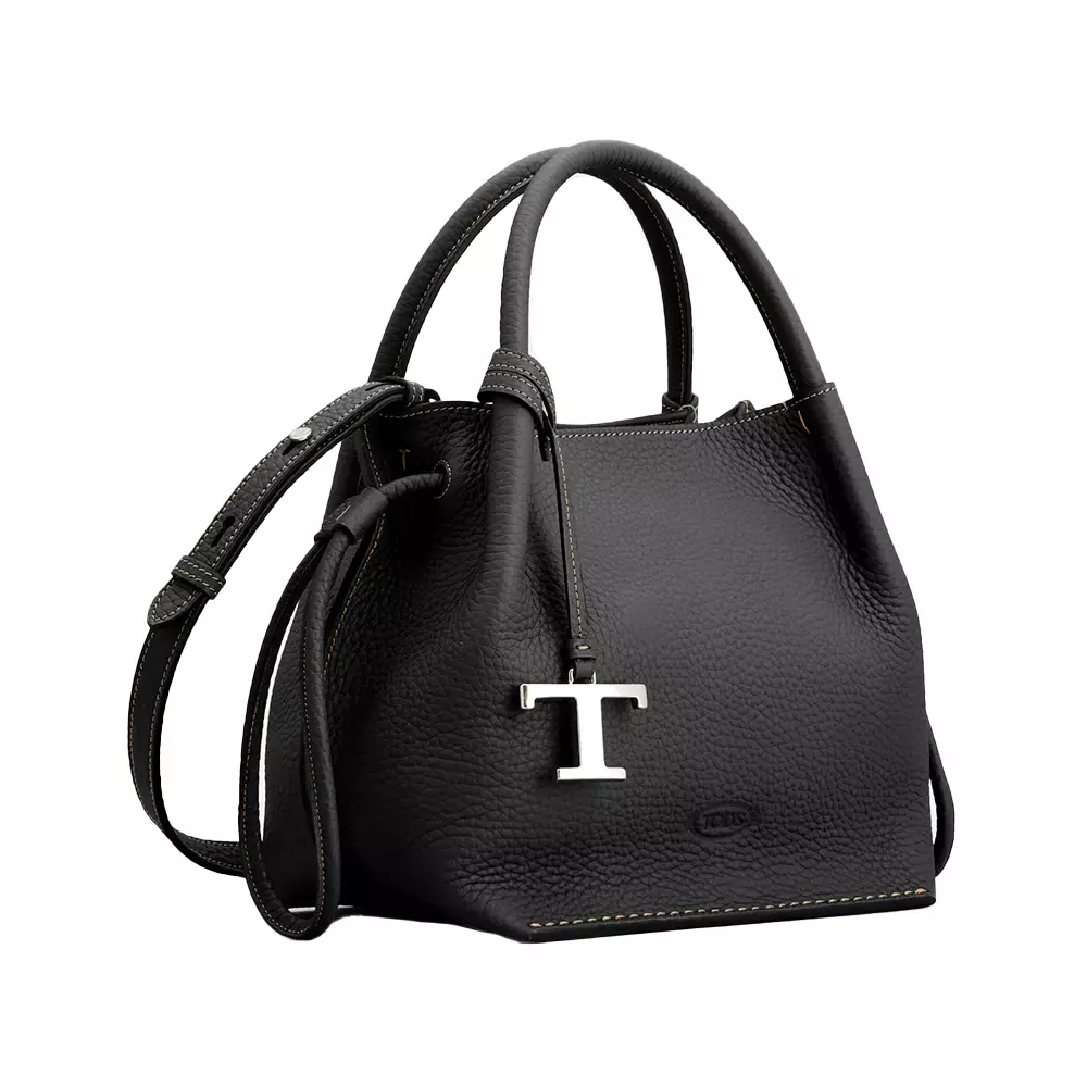 T Stamped Leather Bucket Bag Black
