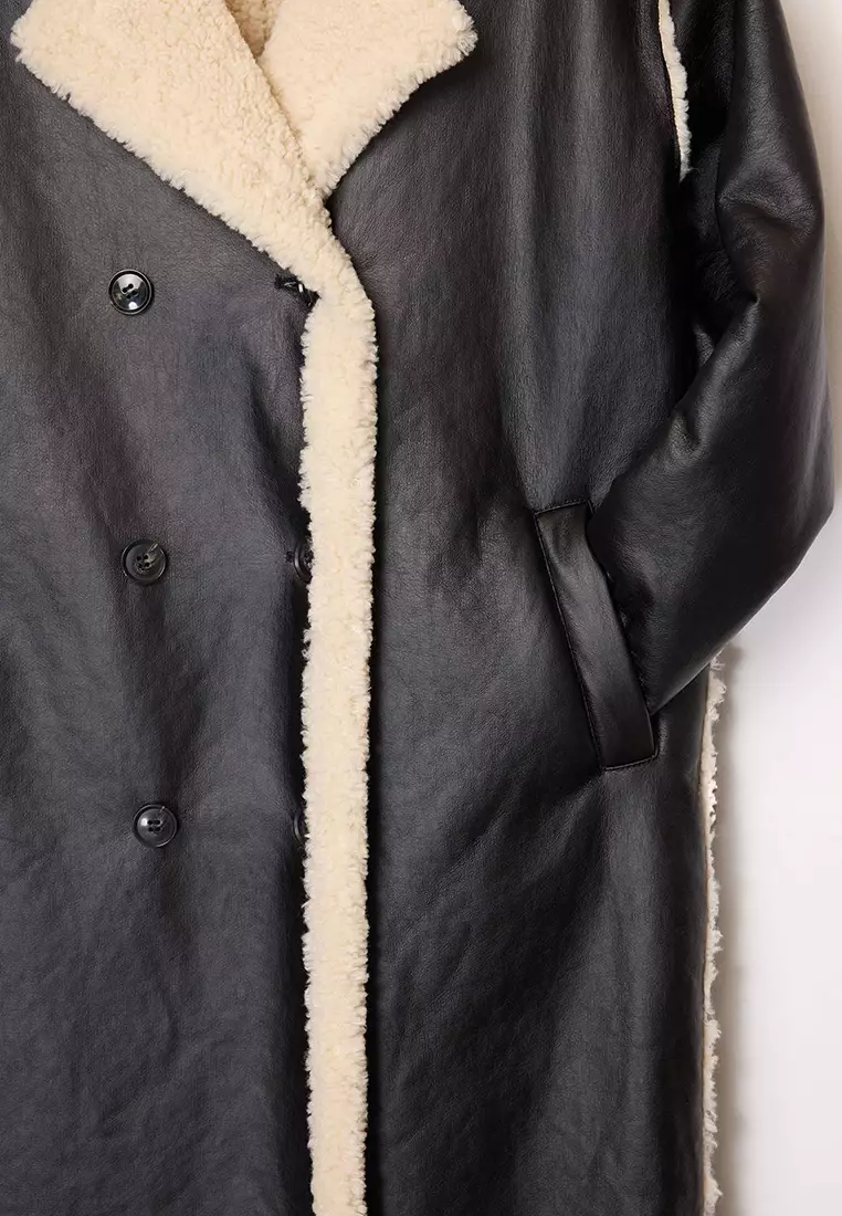 Black Double-Sided Plush Mono Closure Oversize Long Faux Leather Coat