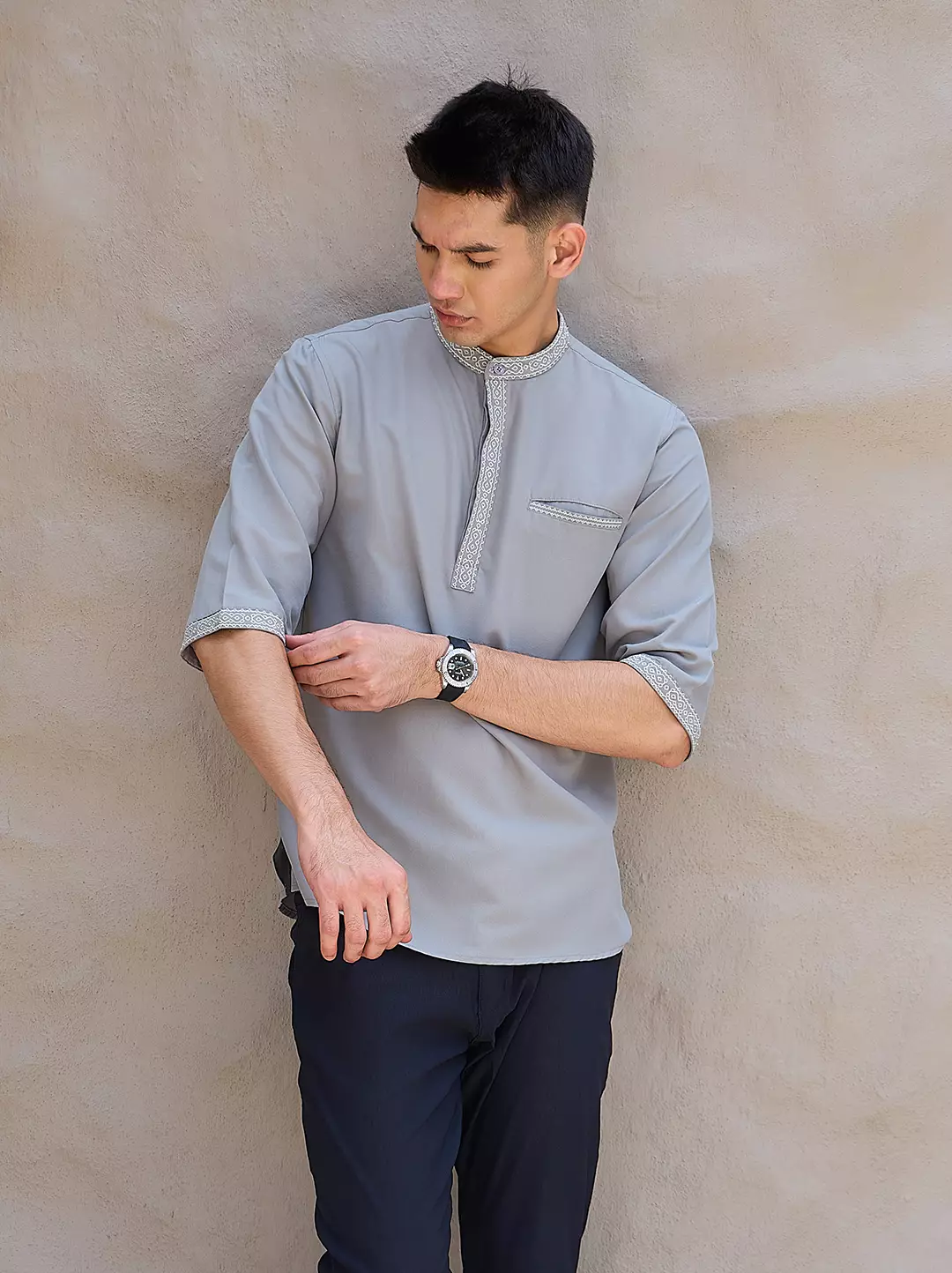 OXCON Kemeja koko Tangan 3/4 Bordir Hasbi Mid Grey