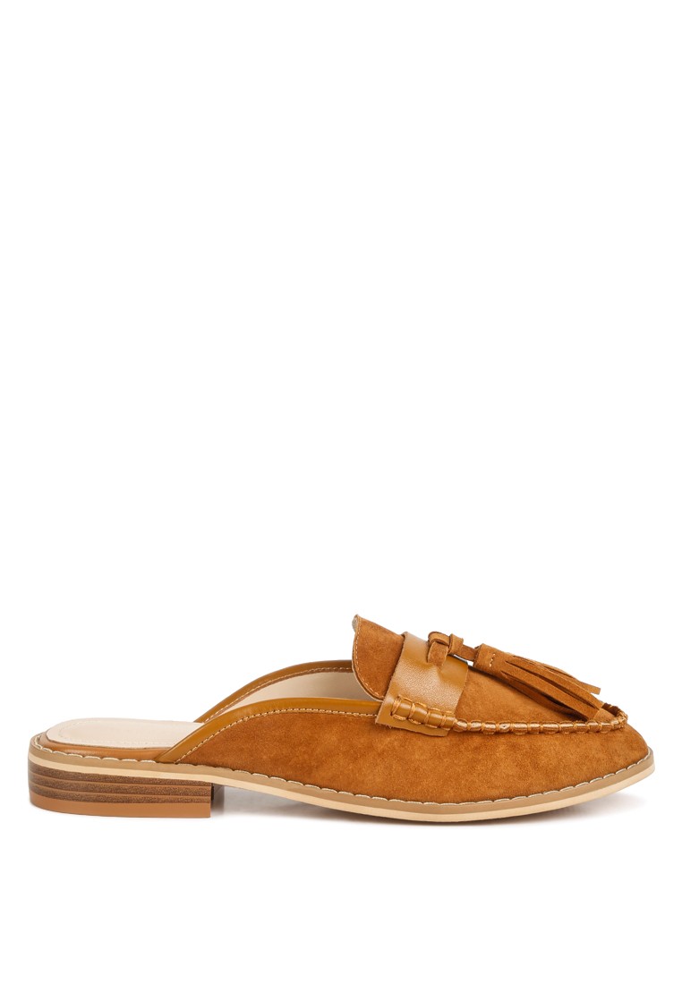 Light Tan Tassle Detail Leather Mules