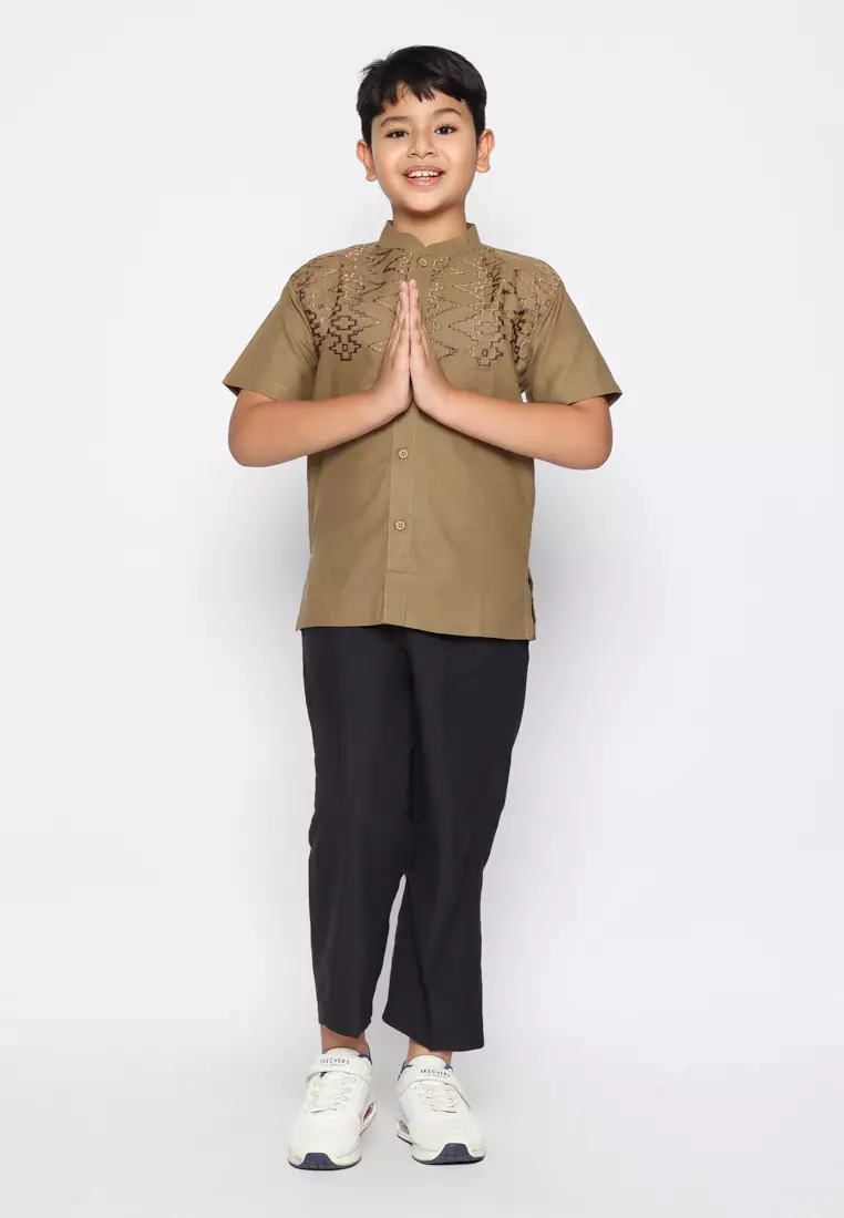 Baju Koko Set Anak Laki Bordir Vertical Dark Green - GENUINE