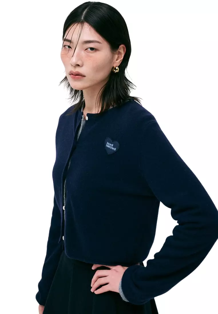 Raccoon Blended Cropped Cardigan Heart Logo - Navy