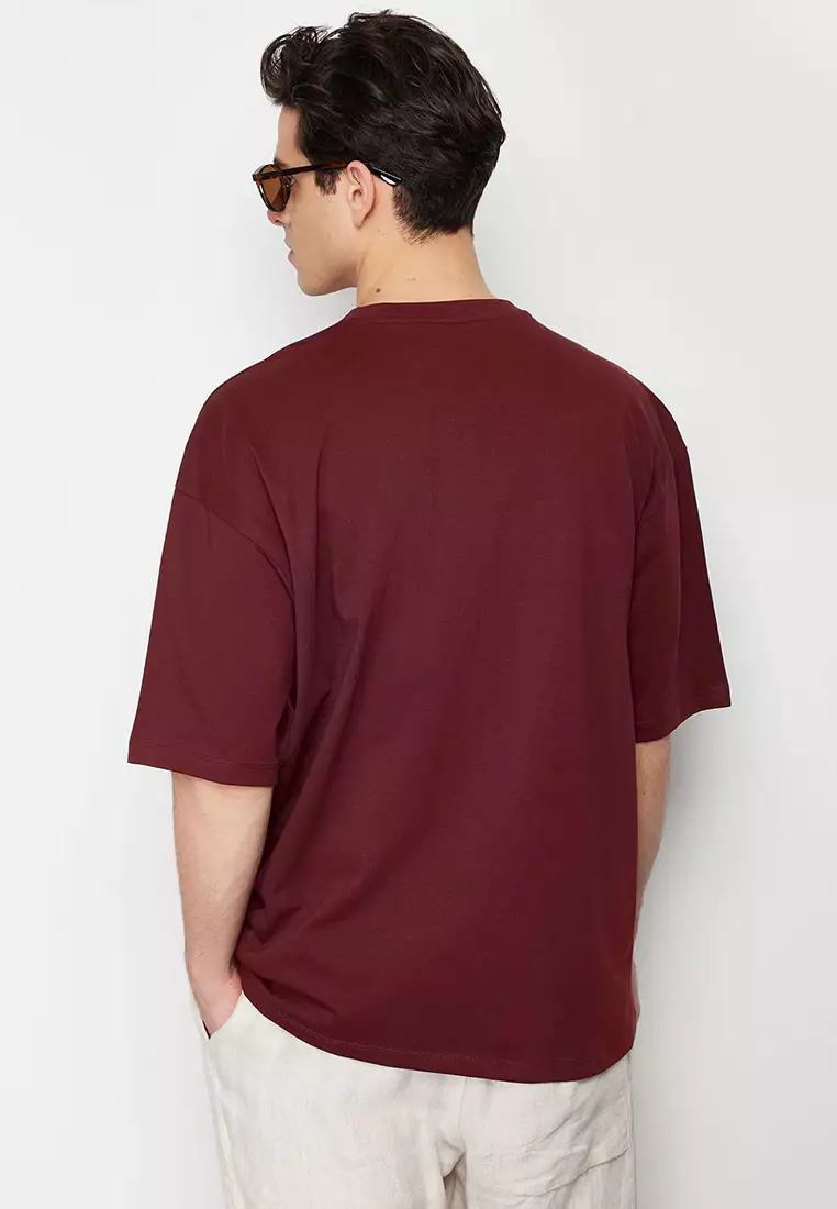 Claret Red Oversize 100% Cotton Crew Neck Minimal Text Printed T-shirt TMNSS23TS00084