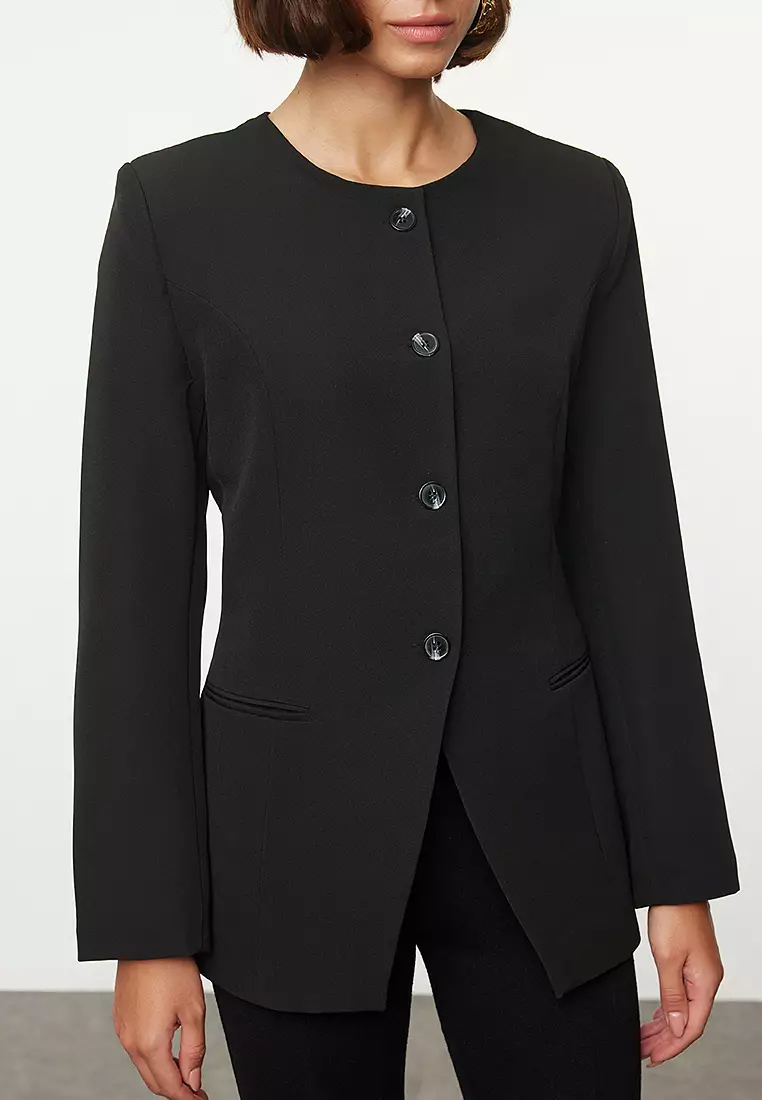 Black Round / Crew Neck Fitted Waist Woven Blazer Jacket
