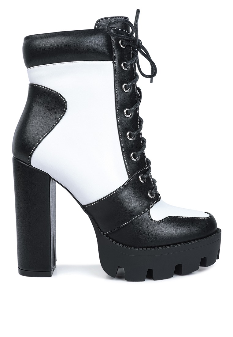 Cow printed lace-up block heel boots in Black & White