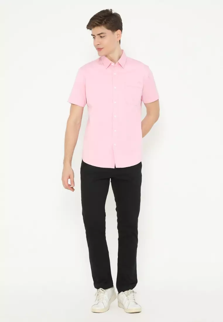 POLICE Kemeja Polos Cotton Corak Herringbone Regular Fit Pria