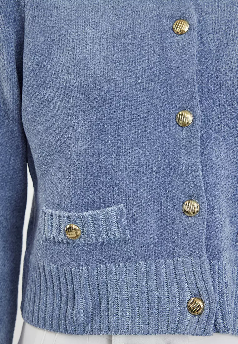 Blue Crop Premium Yarn/Special Yarn Pocket Detailed Jacket-Look Knitwear Cardigan TWOAW24HI00051