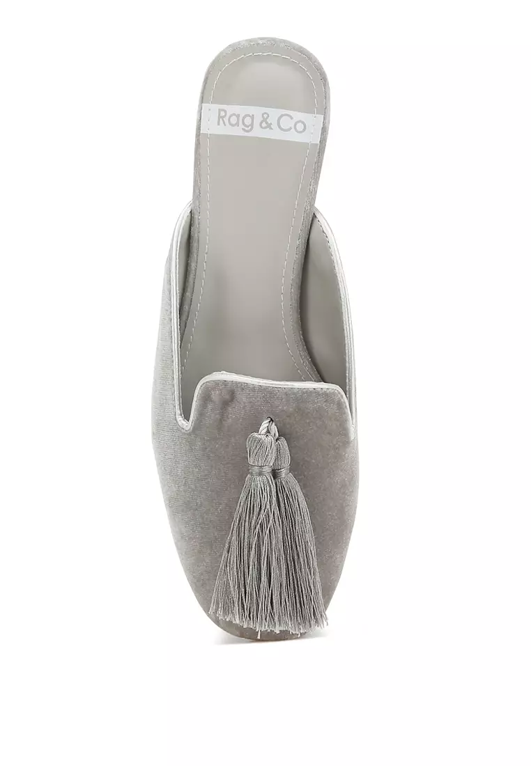 Tassel Detail Velvet Mules in Silver