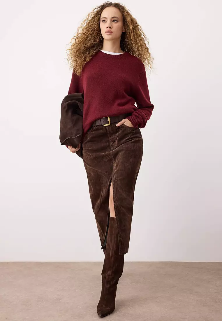 Brown Suede Look Flock Printed Midi Denim Skirt