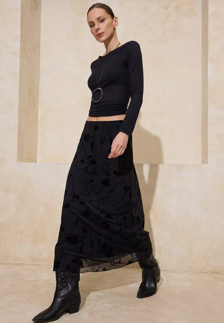 Black Flock Printed Pen Maxi/Long Tulle Flexible Knitted Skirt Twoaw26Et146