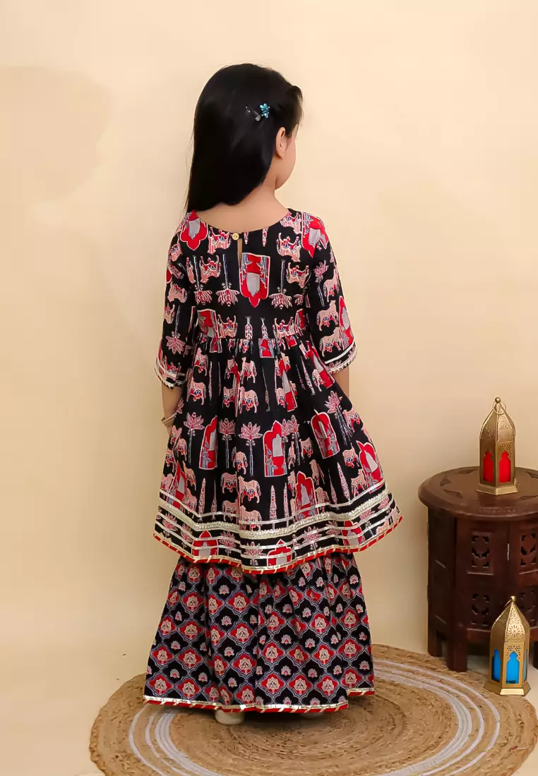 The Mom Store Girls Ragini Mudra Anarkali Kurta Sharara Set - Black
