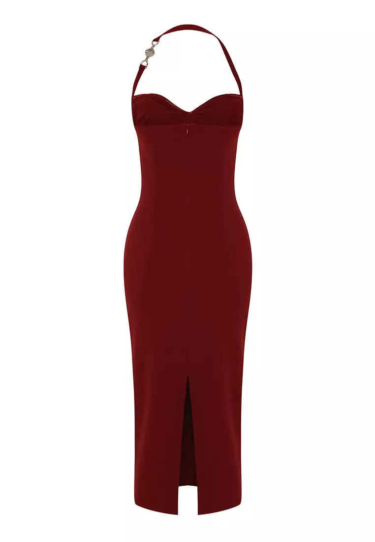 Burgundy Accessory Detailed Woven Elegant Evening Night Graduation Dress