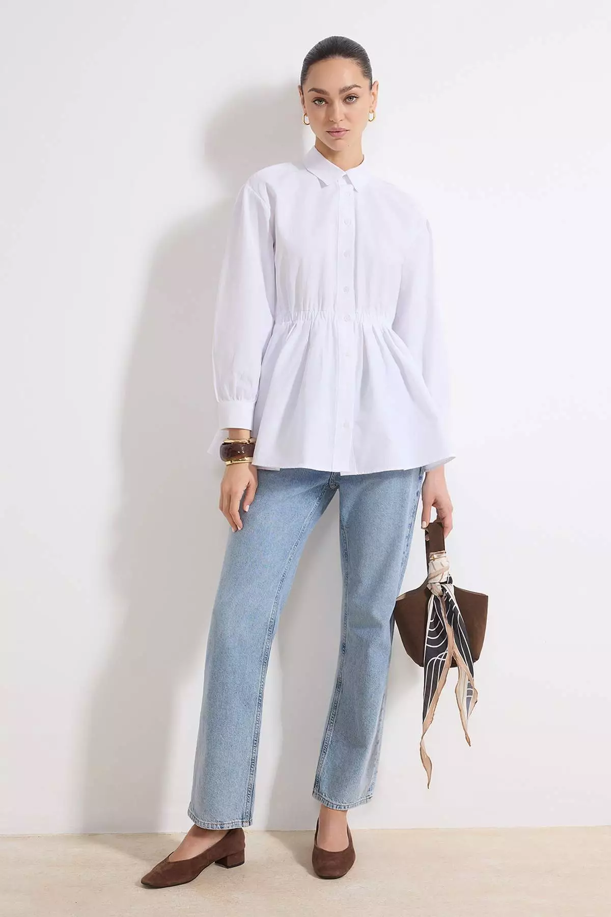 White Fitted Shirt With Elastic Detail At The Waist, Pack Of Cotton Fitted Shirts Tctss26Tg00001