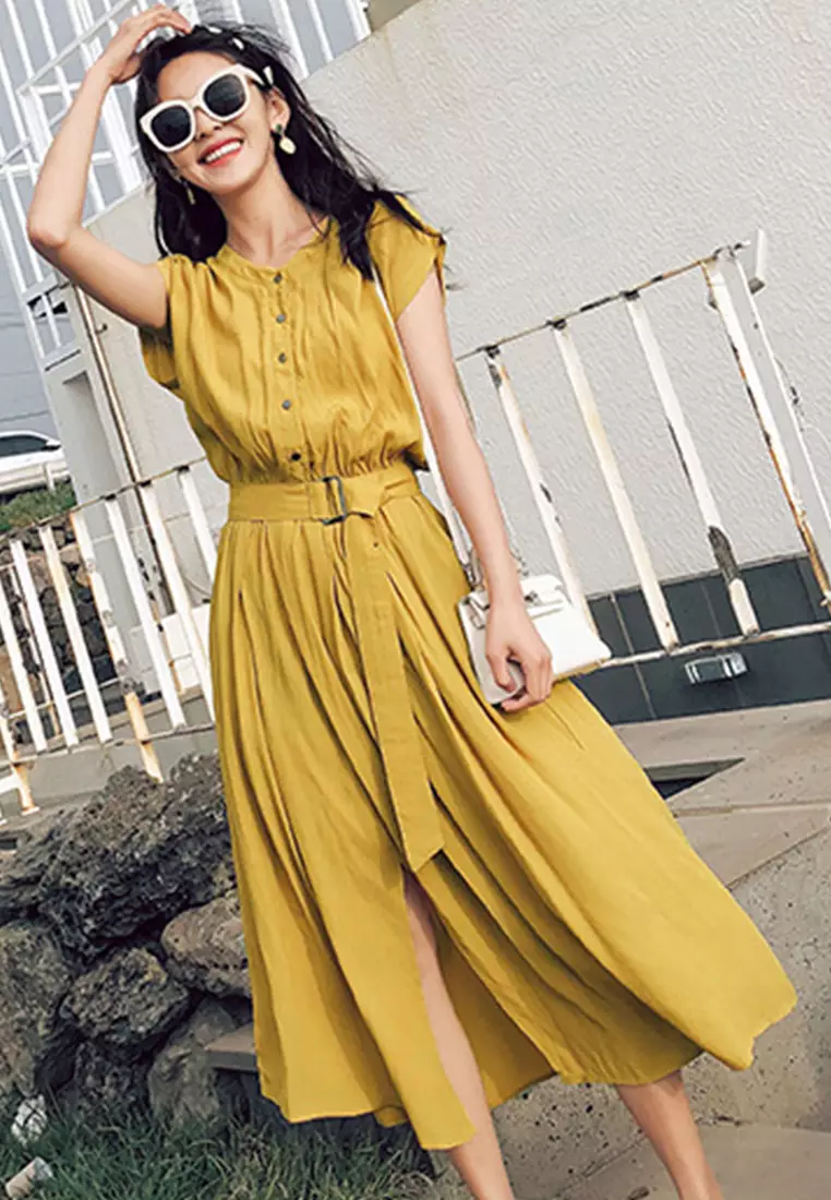 Chiffon Long Short Sleeve Cardigan Style One-Piece Dress A22022532YE