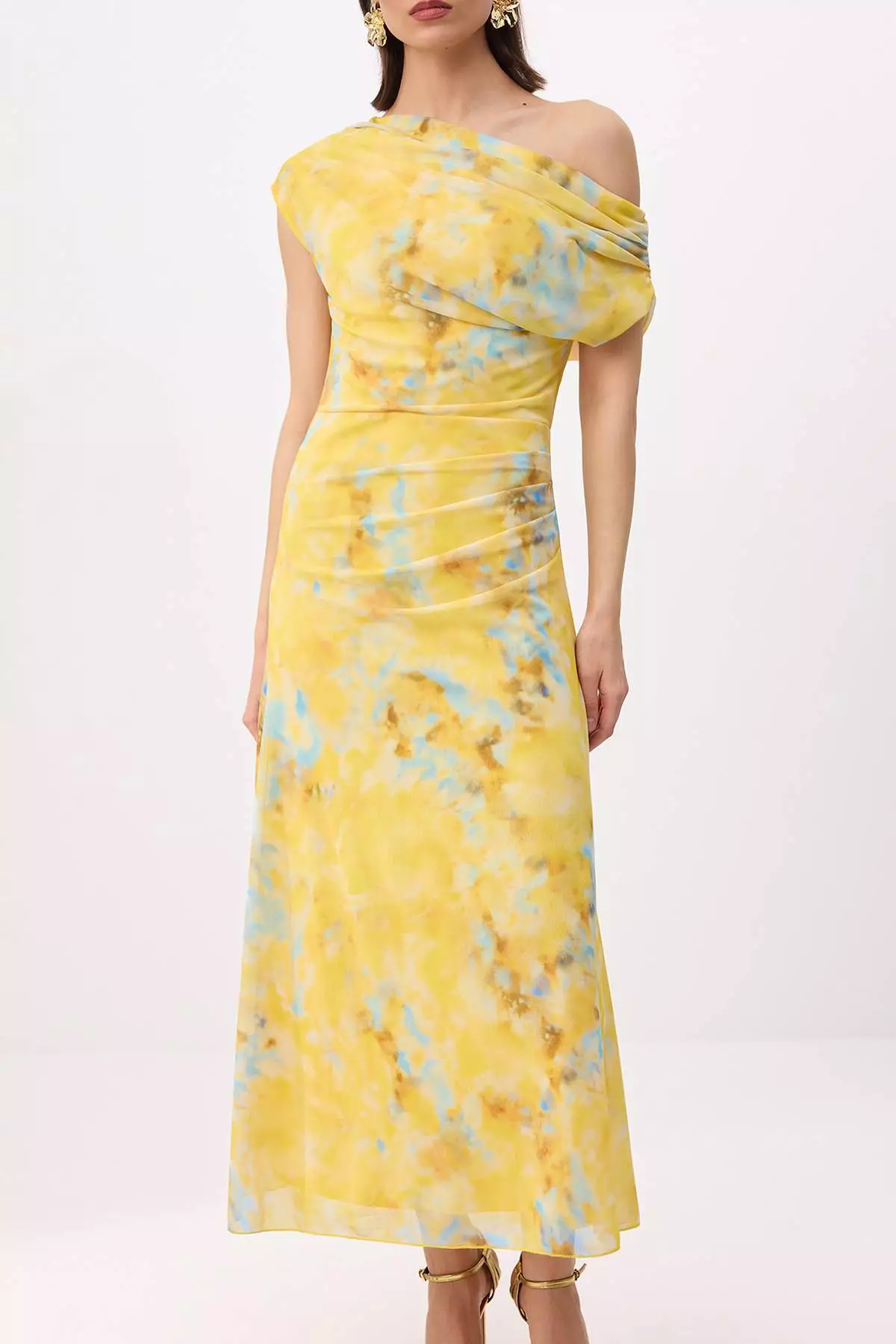 Yellow-Multicolor Floral Straight-Cut Knitted Tulle Maxi Lined Stylish/Evening Dress