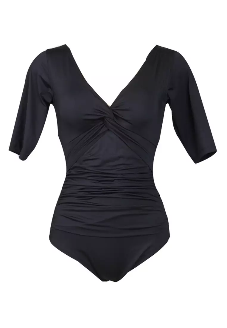 V-Neck Backless Pleated Belly-Covering Triangle One-Piece Swimsuit A22031708BK