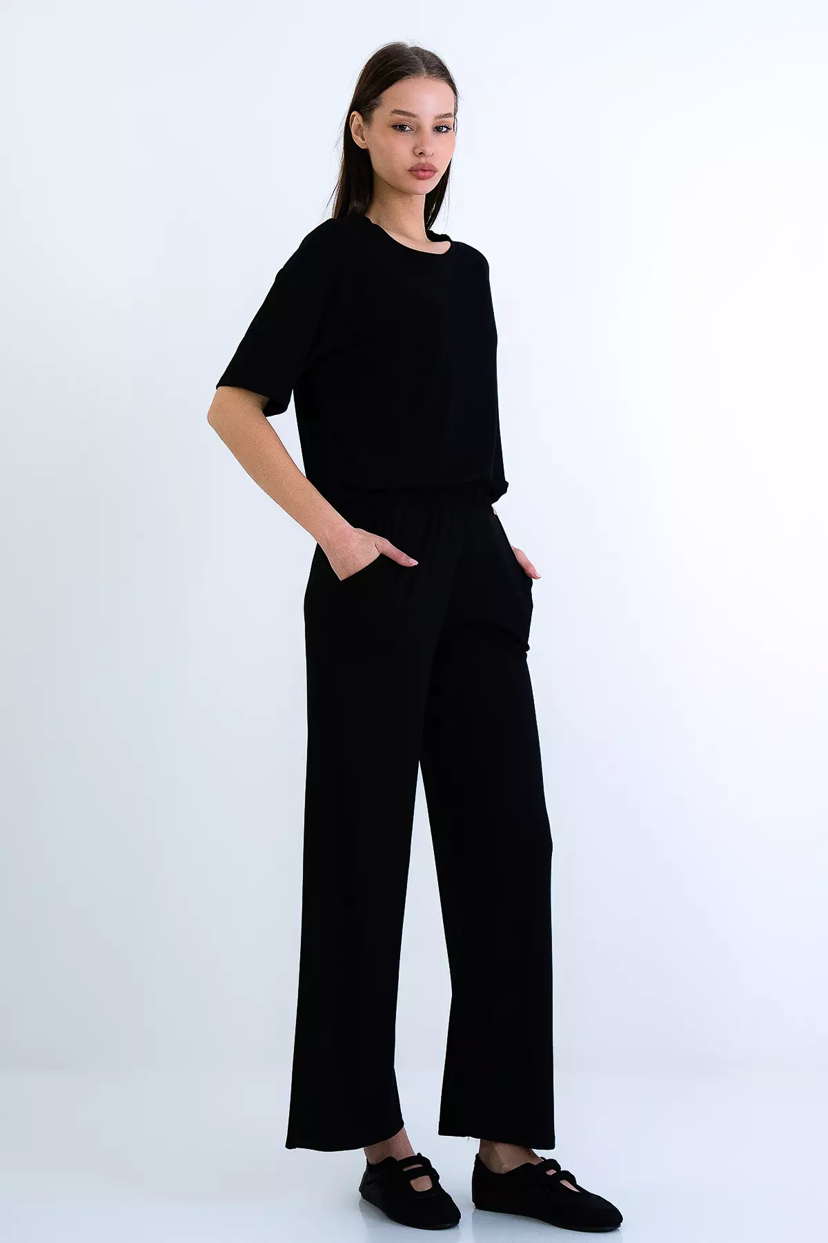 Black Crew Neck Modal Basic Blouse And Double Pocket Trousers Set Alc-X15221
