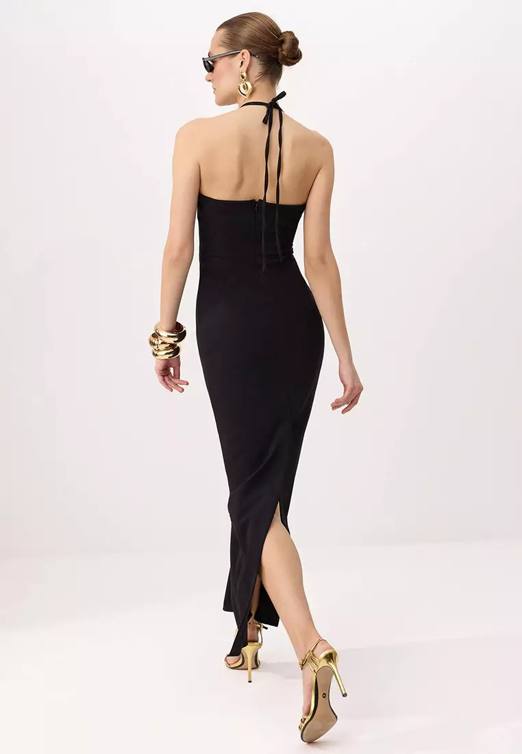 Black Plain Transparent Detailed Woven Finike Maxi Evening Dress & Graduation Dress Tprss26Ae82