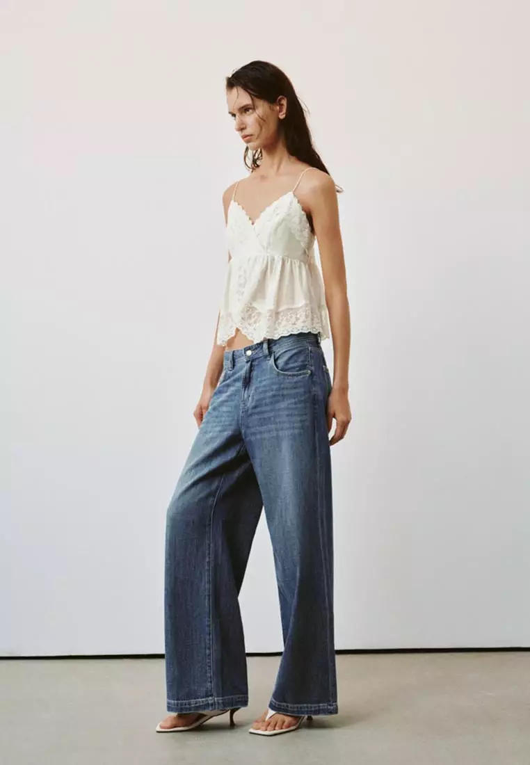 Crisscross Fitted Camisole Top with Floral Lace Detail in Lyocell