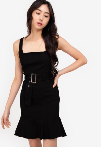 ZALORA BASICS black Ruffle Hem Buckle Belted Denim Dress DB77BAA9B08C97GS_1