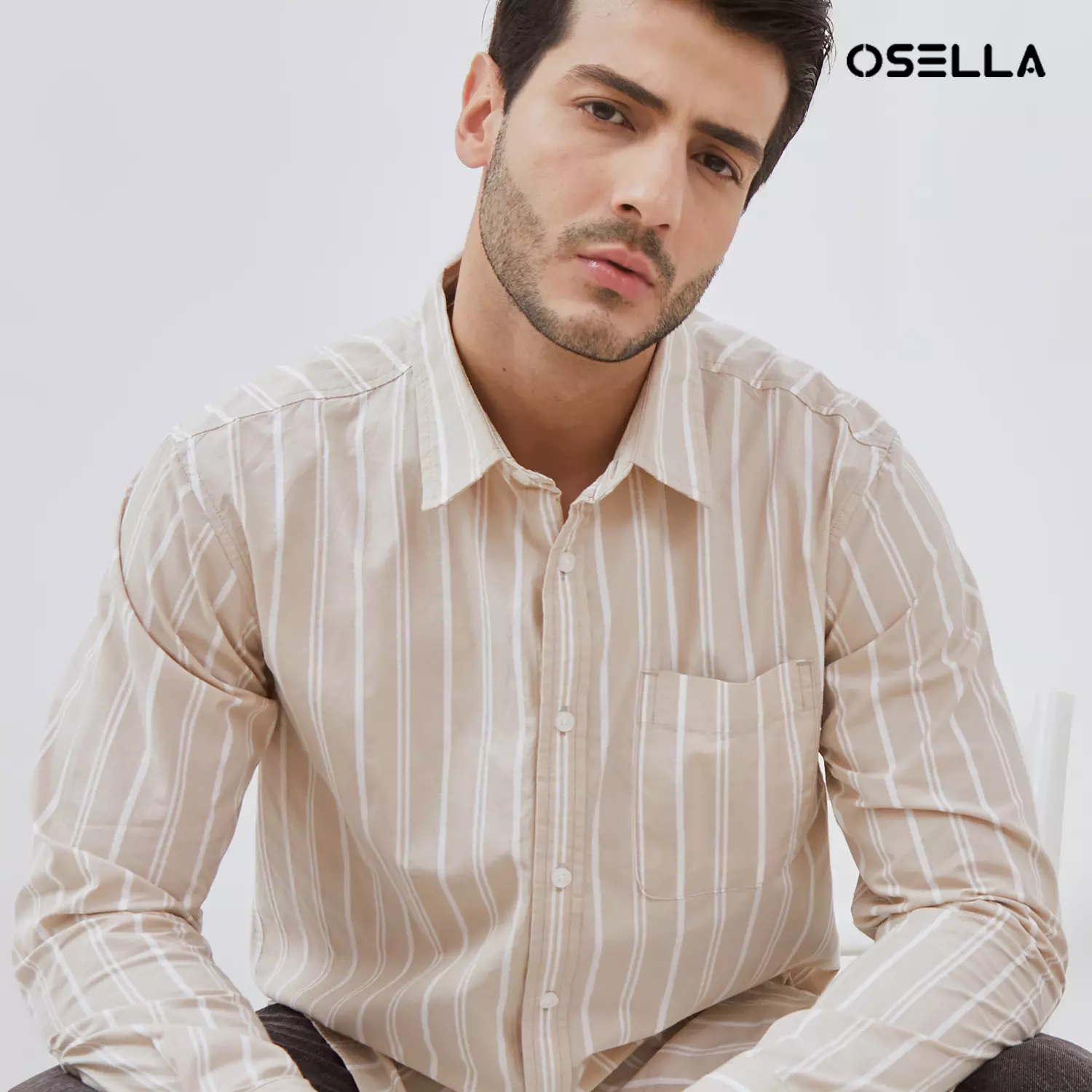 Osella Striped Pattern Regular Fit Collared Shirt In Light Beige And White 2037501238 | Kemeja Pria Lengan Panjang