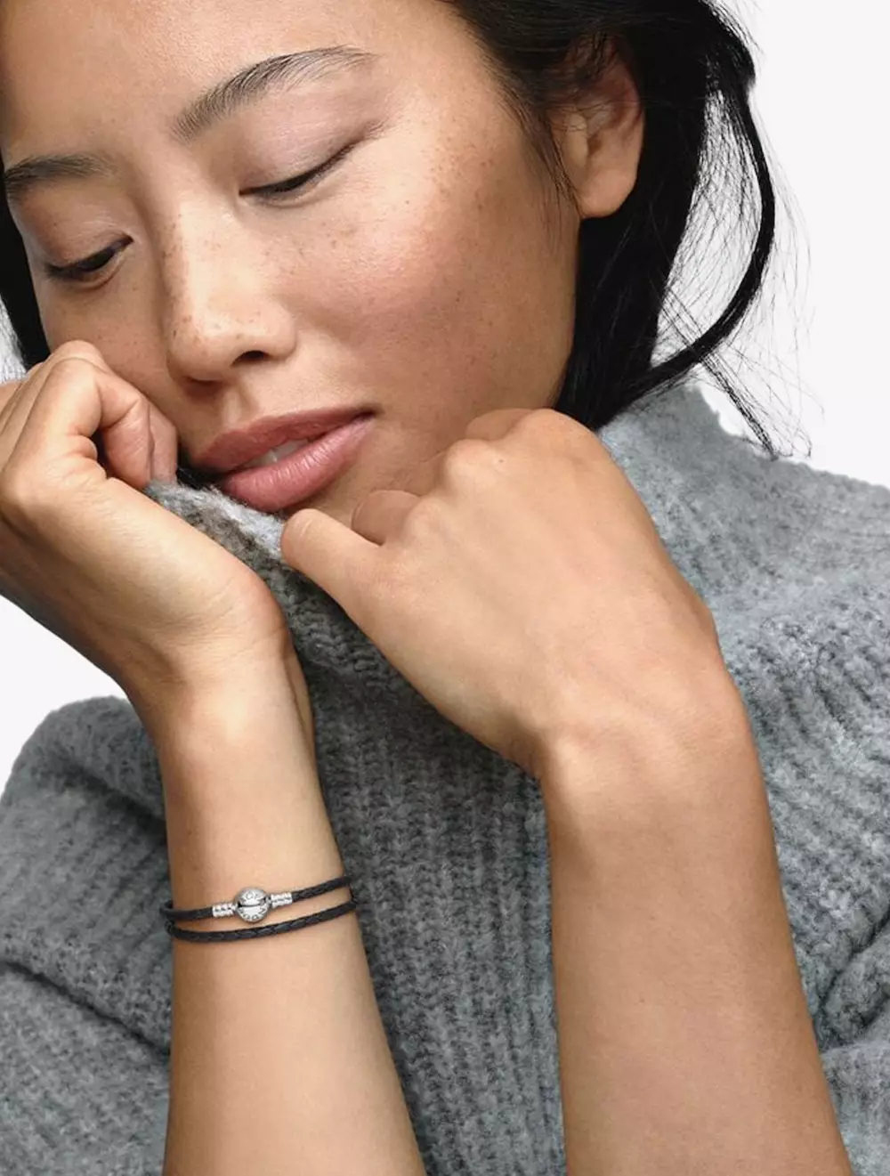 Silver leather bracelet, double, black