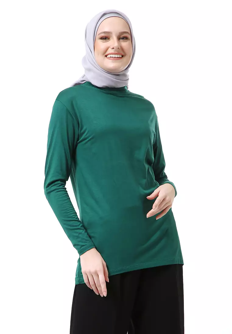 Zlora Manset Atasan Wanita Motif Polos Long Sleeve Reguler Fit - Hijau Botol