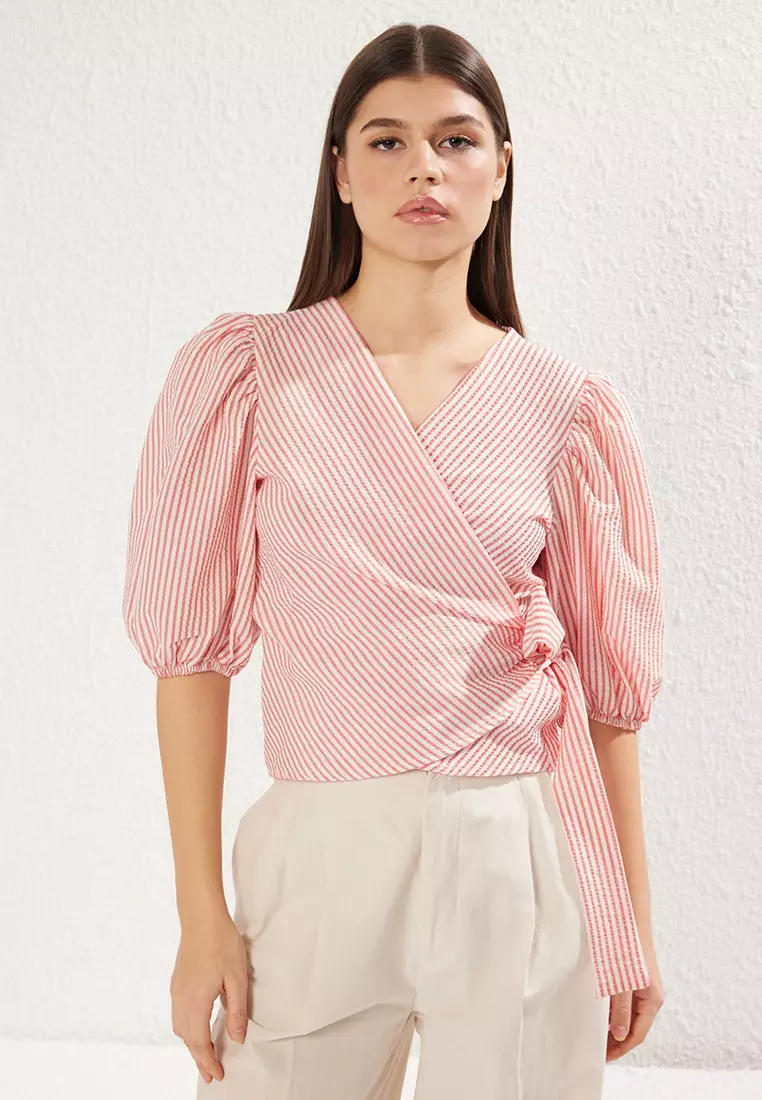 Double Breasted Tie Detail Seersucker Fabric Woven Blouse